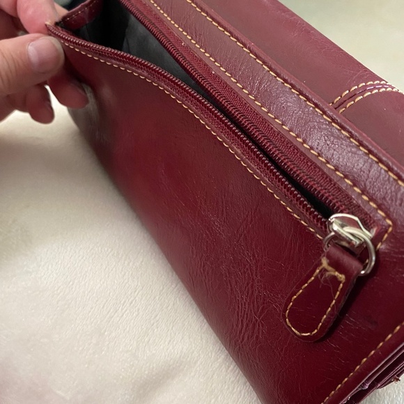 Via Roma Vintage Wallet Zippered Clutch Burgundy Snap Pockets Compartments - Picture 11 of 15
